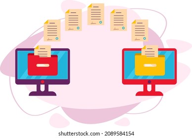 The Concept Of Data Transmission. Transfers Data From A Computer Monitor To Another Monitor. Sending Documents Online. Vector Illustration In A Flat Style.