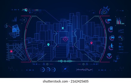 Konzept der Datenvisualisierung für intelligente Stadt, Grafik der Hologrammstadt mit futuristischer IOT-Schnittstelle