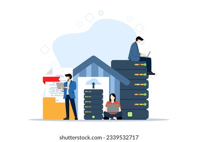 Concept of data warehouse, storage server, cloud storage technology, digital document archive storage, character sitting with laptop and accessing data from cloud storage. flat vector illustration.