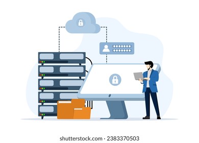 Concept of database and personal data security, cyber data security, server data, privacy, technology, character accessing database using laptop, flat design illustration on white background.