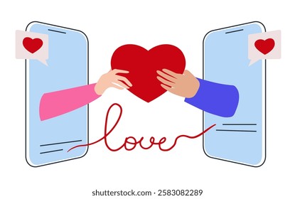 Concept of dating apps, couple relationships through gadgets, online dating. A simple illustration with two smartphones, a big heart and the inscription Love.