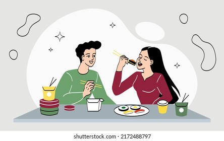 Concept of dating and having good time. Guy and girl eat rolls in restaurant of japanese cuisine. Couple in relationship relaxing in cafe. Two happy people together. Cartoon flat vector illustration.