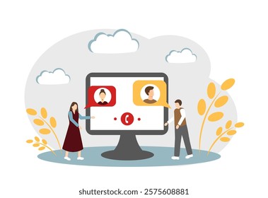 The concept of dating sites, online communication and video chats. Man and woman calling each other