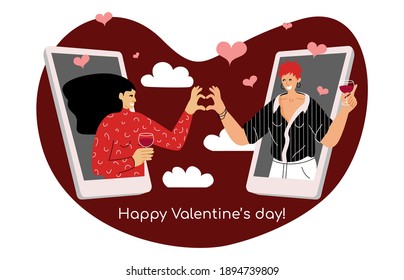 A concept of Valentine’s day online date. Vector illustration of lesbian couple connecting via smartphone mobile app. An internet dating application. Long distance lockdown romantic relationship.