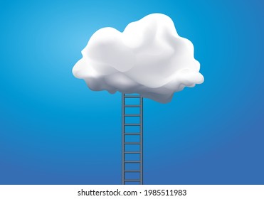 Concept of daydreaming and escape from reality with a ladder joining a white cloud.