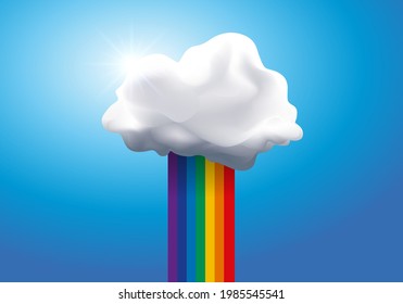 Concept of daydreaming and happiness with a rainbow coming out of a white cloud.