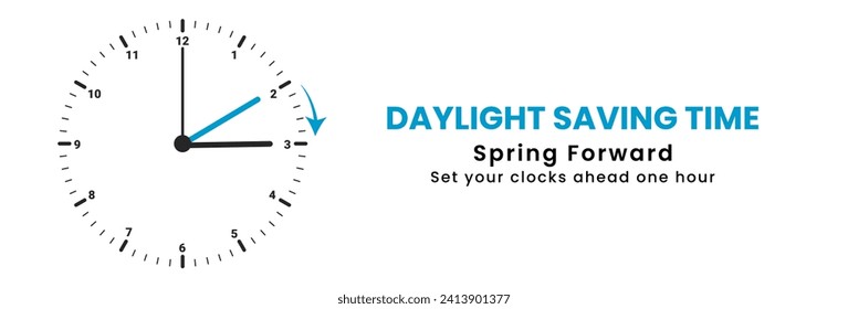 The concept of daylight saving time. Clocks are set one hour ahead. Spring forward, summer time web banner. Vector illustration