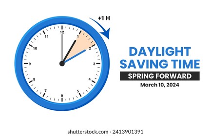 The concept of daylight saving time. Clocks are set one hour ahead. Spring forward, summer time web banner. Vector illustration