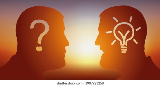 Concept de la réflexion intellectuelle à la recherche d’une solution avec pour symbole, deux hommes face à face, l’un posant une question, l’autre lui apportant la réponse.