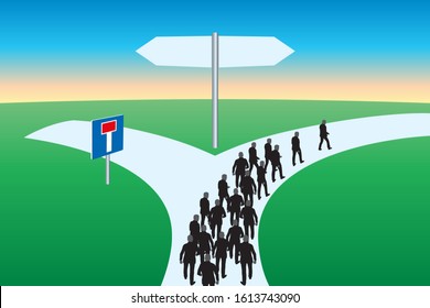 Concept of the dead end showing a path that separates in two directions and a group forced to follow a single direction to avoid ending up in a dead end.