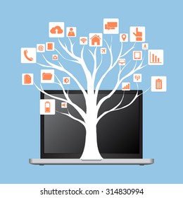 Concept of Dead tree without leave with Vector Black Web icons, Business icons and Technology icons on laptop, Vector Illustration EPS 10.