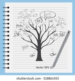 Concept of Dead tree without leave with Vector Web icons, Business icons and Technology icons on notebook, Vector Illustration EPS 10.