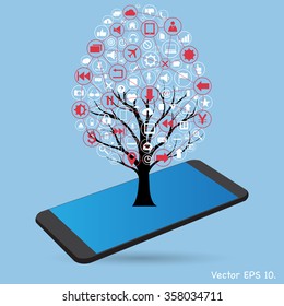 Concept of Dead tree without leave with Vector Web icons, Business icons and Technology icons on mobile phone, Vector Illustration EPS 10.