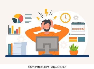 Concept of deadline. Angry man sits in front of monitor and holds his head. Workplace employee, emotional burnout, panic and stress. Poor time management metaphor. Cartoon flat vector illustration