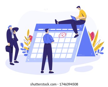 Plazo de concepto. El equipo de negocios observa un día importante. Un carácter pequeño mira el calendario con marca. Empresario mira el reloj de pulsera. El hombre trabaja en una laptop. Estilo moderno y plano