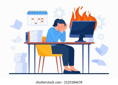 Concept of deadline. Girl sits, covering her face with hands, in front of burning monitor. Poor time management, stress and frustration. Woman in panic on workplace. Cartoon flat vector illustration