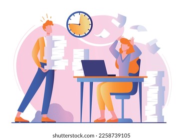 Concept of deadline. Man brings stack of sheets and documents to woman. Poor time management and inefficient workflow. Overworked employee, panic and stress, chaos. Cartoon flat vector illustration