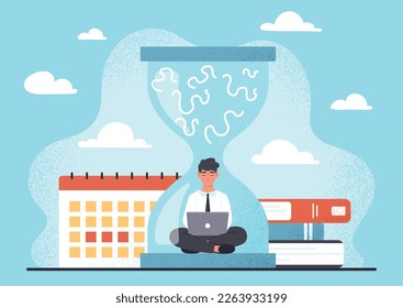 Concept of deadline. Man in suit sits in lotus position with laptop, clock and calendar. Metaphor for time management and efficient workflow organization