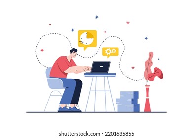 Concept Deadline with people scene in the flat cartoon design. Employee performs the task on the laptop, trying to make it to the specified time. Vector illustration.