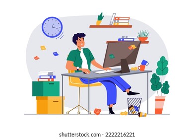 Concept deadline with people scene in the flat cartoon design. Man works in an office at computer and tries to meet a deadline. Vector illustration.