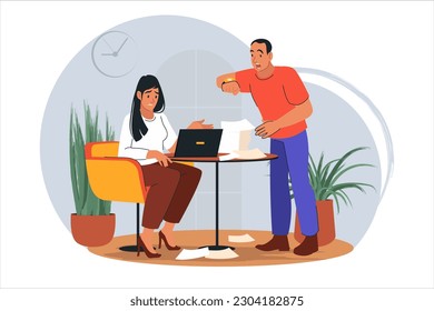 Concept deadline with people scene in the flat cartoon style. Boss reminds employee about deadlines. Vector illustration.