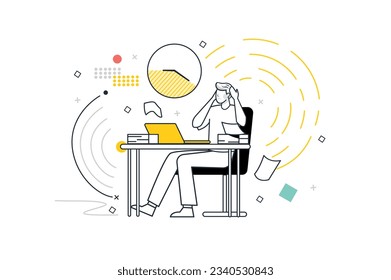 Concept deadline with people scene in the flat line cartoon design. The man does not have time to complete such a large number of tasks before the deadline. Vector illustration.