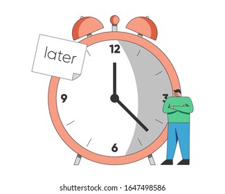 Concept of Deadline, Term and Time Waste. Procrastinating Businessman Is Postponing the Work For Later. Outline Linear Flat Vector Illustration.