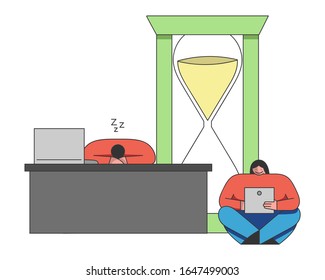 Concept of Deadline, Term and Time Waste. Procrastinating Businessman is Sleeping At Workplace. People Relax from Work in the Office. Outline Linear Flat Vector Illustration.