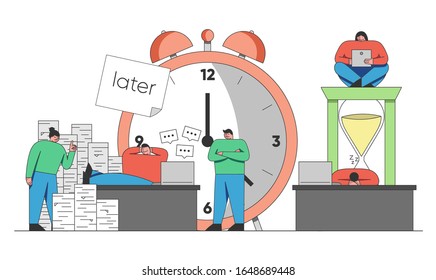 Concept of Deadline, Term and Time Waste. Procrastinating Businessman is Sitting with Legs on Office Desk. People Relax from Work in Office. Outline Linear Flat Vector Illustration.