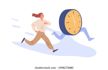 Concept of deadline and time pressure. Busy person and clocks running. Office worker trying to keep up with schedule and plan, doing it under the wire. Flat vector illustration isolated on white