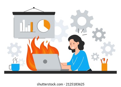 Concept Of Deadline. Young Girl Typing On Burning Laptop. Employee Stress And Panic. Manager Fails To Complete Project On Time, Woman With Poor Time Management. Cartoon Flat Vector Illustration