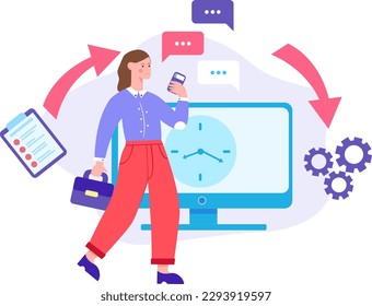 Concept of deadlines. Time management and productivity. Brunette woman organizing workflow, efficient time management. Large clock on laptop. Modern flat cartoon style