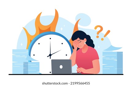 Concept of deadlines. Young girl sits in front of burning clock. Tired and overworked employee, inefficient workflow. Emotional burnout, pressure, panic and stress. Cartoon flat vector illustration