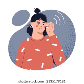 Concept of deafness. Young girl puts her hand to her ear, hearing problems. Health care and treatment. Medical poster or banner, informing about popular diseases. Cartoon flat vector illustration