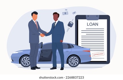 The concept of a deal to sell a car through a loan. White and black men shake hands in front of a car and a loan agreement. Vector illustration.