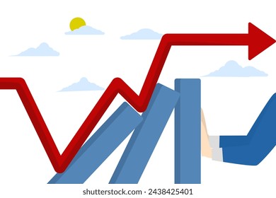 Concept of dealing with investment risk. The stock market falls.
Economic recession due to high inflation.
loss of capital. Businessman's hands trying to prevent the bar graph from falling.