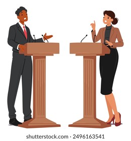 Concepto de debates con personajes de género mixto de hombre negro y mujer política blanca, participando activamente en una discusión en Wooden Tribunes. Ilustración vectorial de Personas de dibujos animados