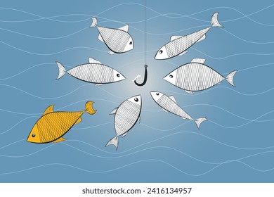 concept of deception, manipulation, falling for scammers. Abstract society, ordinary, vision be different, unique personality or standing out from the crowd, leadership quality. fish and hook