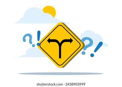 Concept of decision to choose a path, alternative or choice, determining a career path, determination or thinking to find a solution, two-way road sign with a question mark symbolizing confusion.