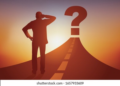 concept of decision making with a businessman who hesitates and wonders about the choice he must make before embarking on the path to success.