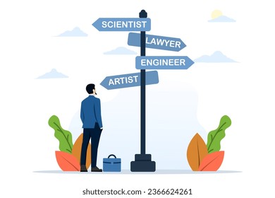 Concept of decision making for career path, career guidance and development, businessman standing at road direction sign, determining to choose the right choice in career. flat vector illustration.