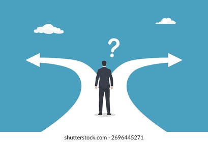 Concepto de toma de decisiones y opciones de éxito en el futuro objetivo, empresario mirando la ruta con signo de fracaso o éxito