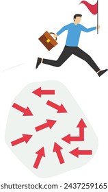 Concept of decision making or determination to achieve success, Overcoming uncertainty, businessman jumping arrows at random uncertainty, difficulty or courage to solve problems or difficulties.