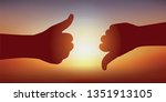 Concept of decision making, with two gestures expressing contrary opinions. One hand, thumb in the air, gives a favorable opinion, another thumb pointing down, opposes it.