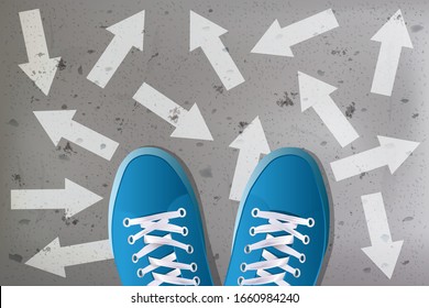 Concept of decision-making for a young person when choosing their orientation with the symbol, a pair of basketball seen from above surrounded by a multitude of arrows.