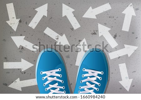 Concept of decision-making for a young person when choosing their orientation with the symbol, a pair of basketball seen from above surrounded by a multitude of arrows.