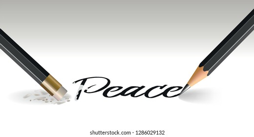 Concept of the declaration of war with a pencil that writes the word peace and another that erases it.