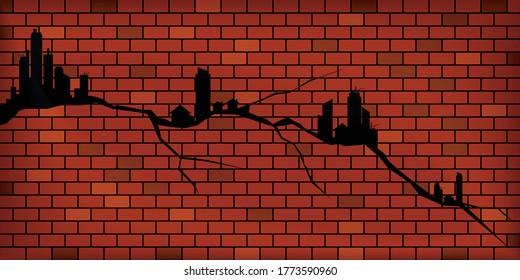 Concept of decline in real estate business and properties market price crisis. Design by cracks look like chart of value going down with homes and condiminium buildings on red brown brick wall. Vector
