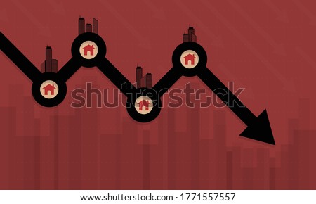 Concept of decline in real estate business and properties market price crisis. Design by financial chart of value going down with homes and condiminium buildings. Vector illustration background