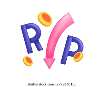The concept of the decline of the Rupiah currency. The Rupiah currency weakened and fell drastically. Economic problems. 3D style illustration of a downward arrow, gold coins, and the Rupiah symbol. Decorative elements. Symbols. 3D vector